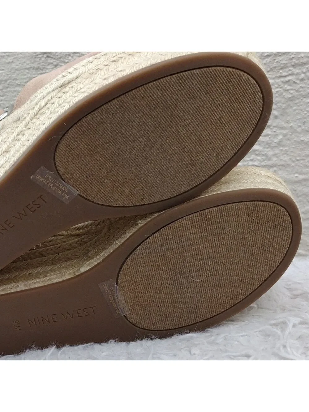 NINE West Adell Pink Faux Suede Open Toe Ankle Strap Platform Wedge Espadrilles